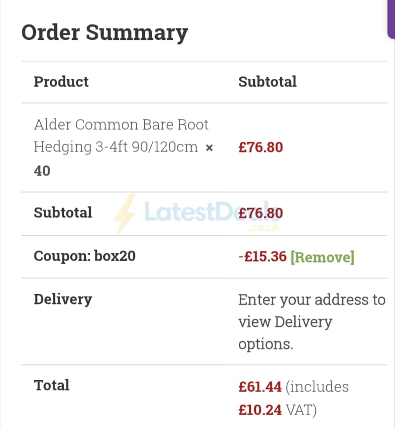 Screenshot of the Hopes Grove Nurseries discount code working