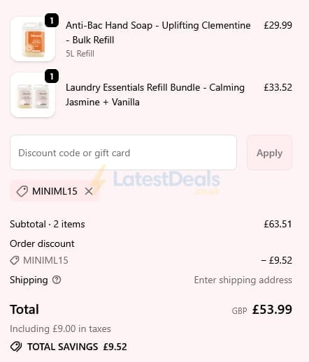 Screenshot of the Miniml discount code working