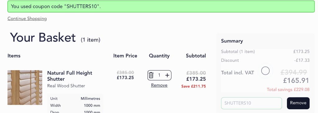 Screenshot of the Swift Direct Blinds discount code working