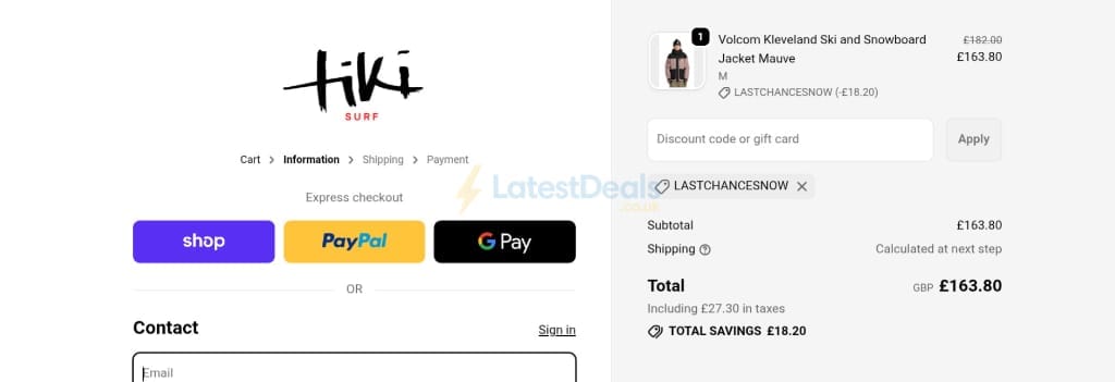 Screenshot of the Tiki Surf discount code working