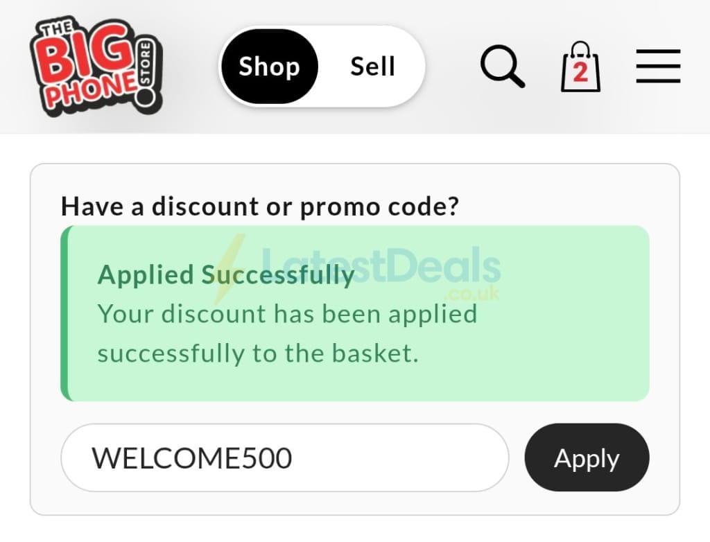 Screenshot of the The Big Phone Store discount code working
