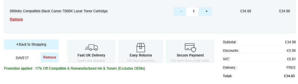 Screenshot of the 999Inks discount code working