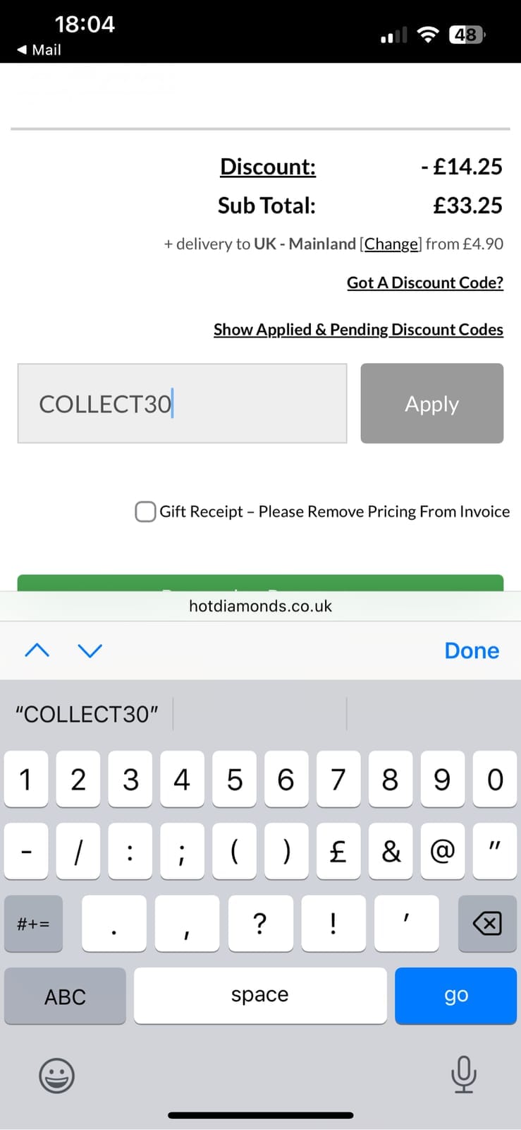 Screenshot of the Hot Diamonds discount code working