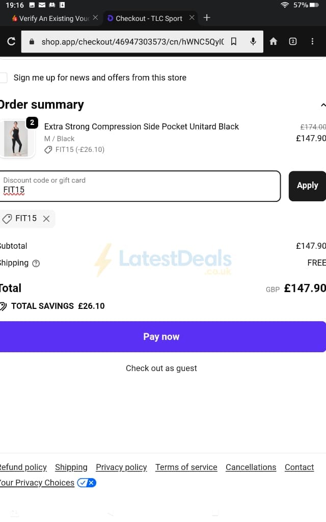 Screenshot of the TLC Sport discount code working