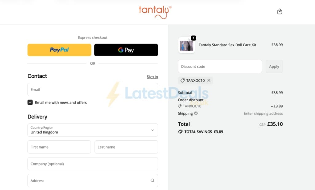 Screenshot of the Tantaly discount code working
