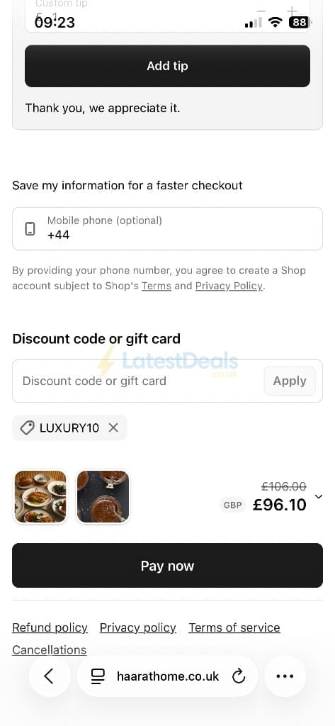 Screenshot of the Haar at Home discount code working