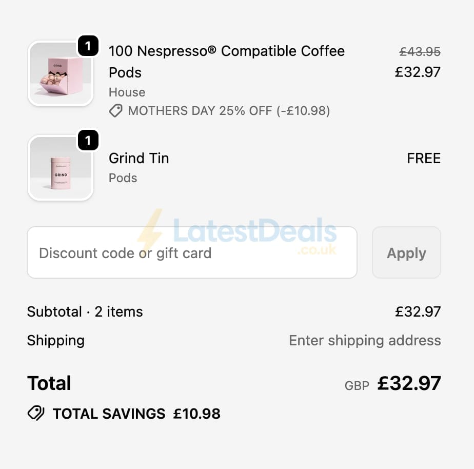 Screenshot of the Grind discount code working