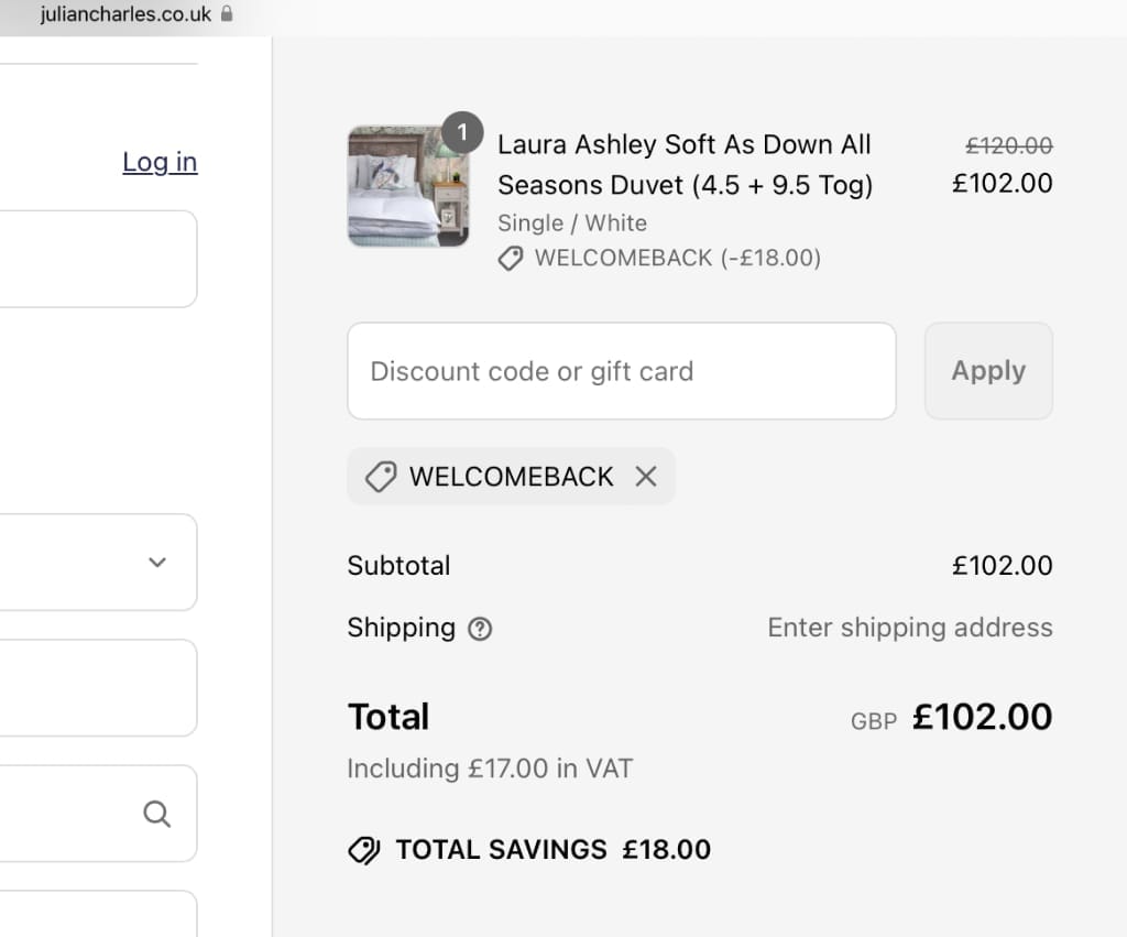 Screenshot of the Julian Charles discount code working