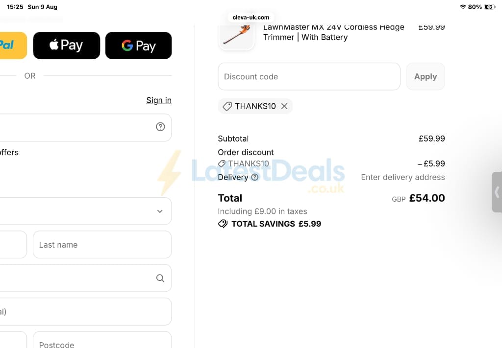 Screenshot of the Cleva discount code working