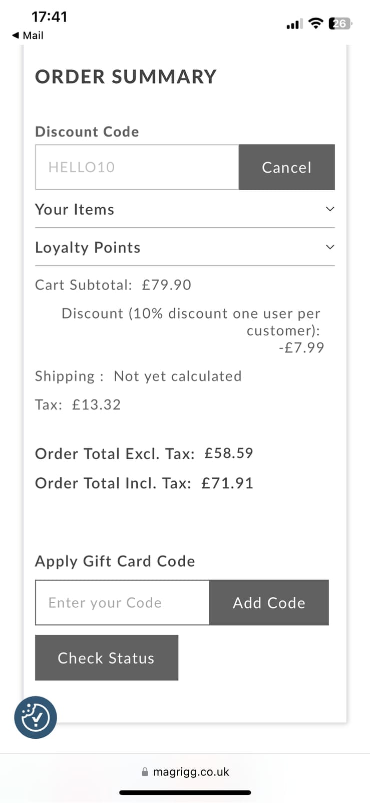 Screenshot of the Griggs discount code working