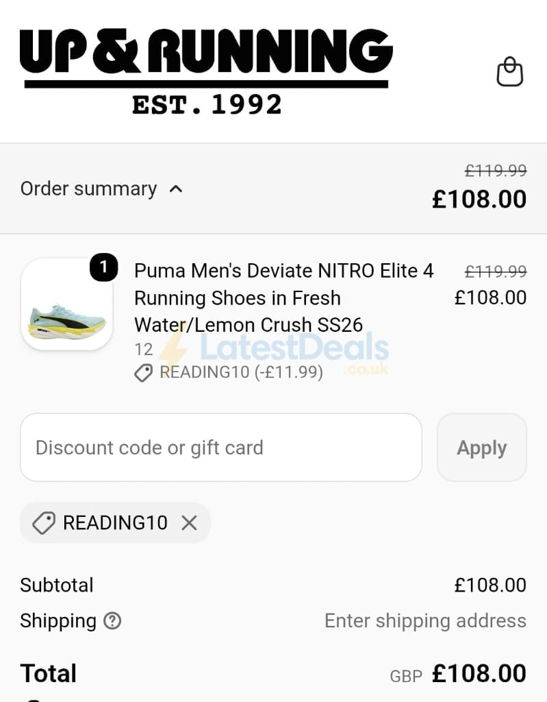 Screenshot of the Up & Running discount code working