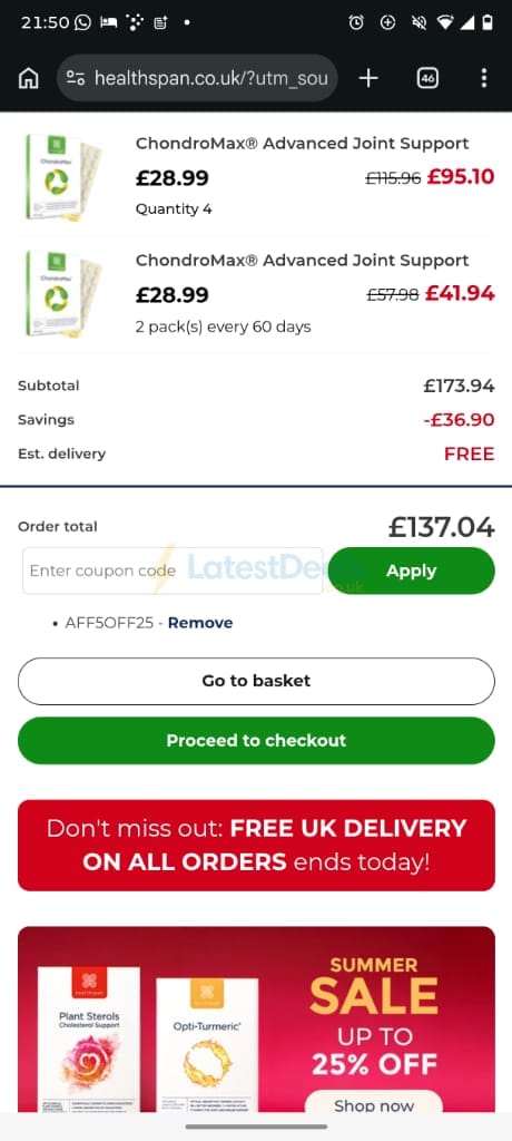 Screenshot of the Healthspan discount code working