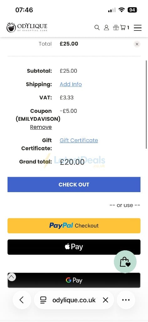 Screenshot of the Odylique discount code working