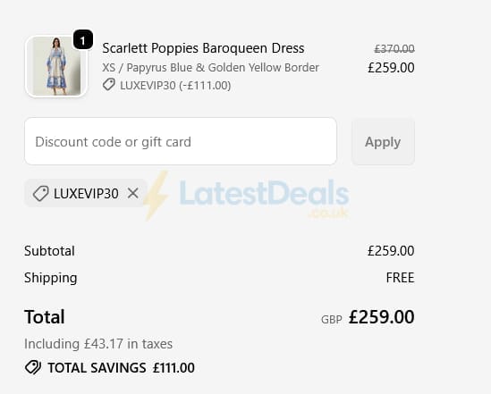 Screenshot of the Luxe Leopard discount code working