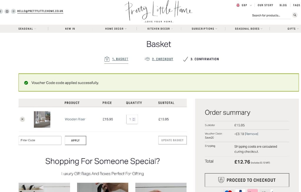Screenshot of the Pretty Little Home discount code working