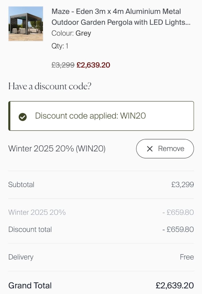 Screenshot of the Maze Living discount code working