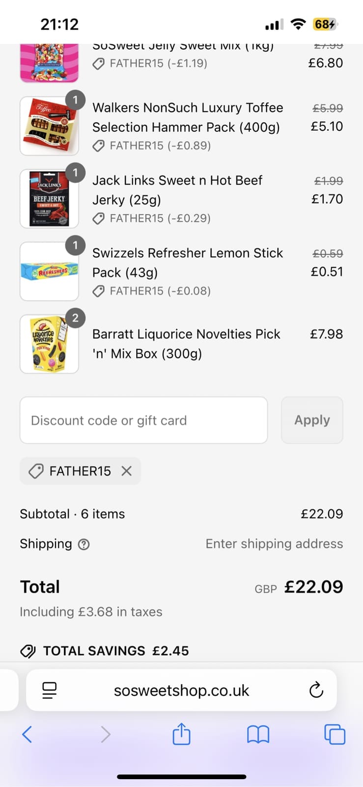 Screenshot of the Sosweetshop discount code working