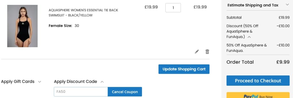 Screenshot of the ProSwimwear discount code working