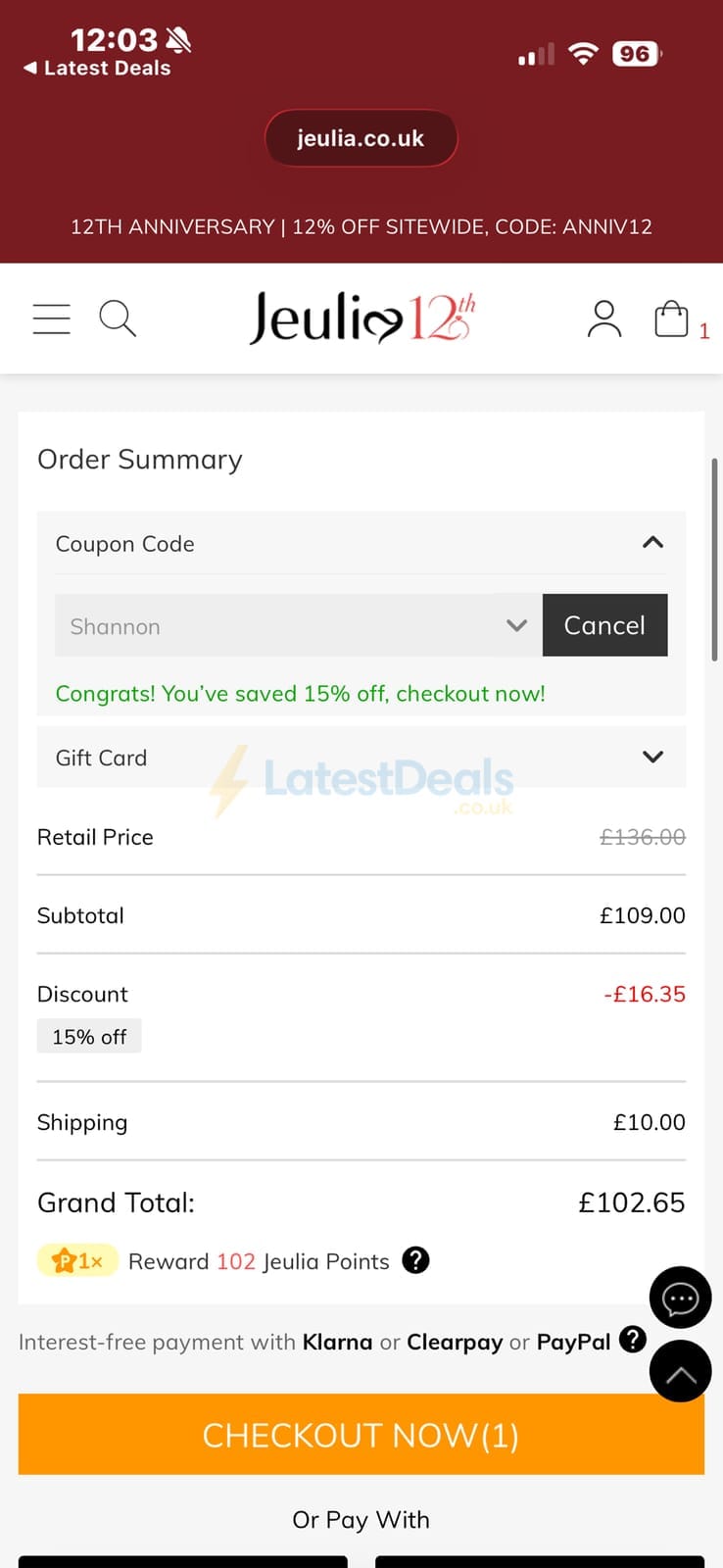 Screenshot of the Jeulia discount code working