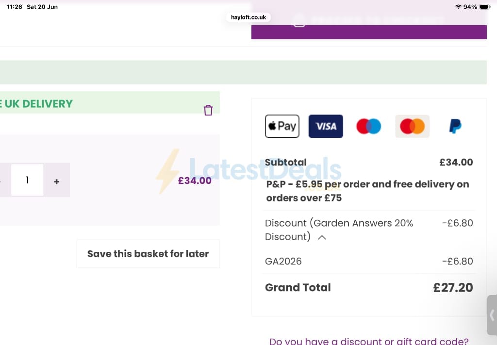 Screenshot of the Hayloft discount code working