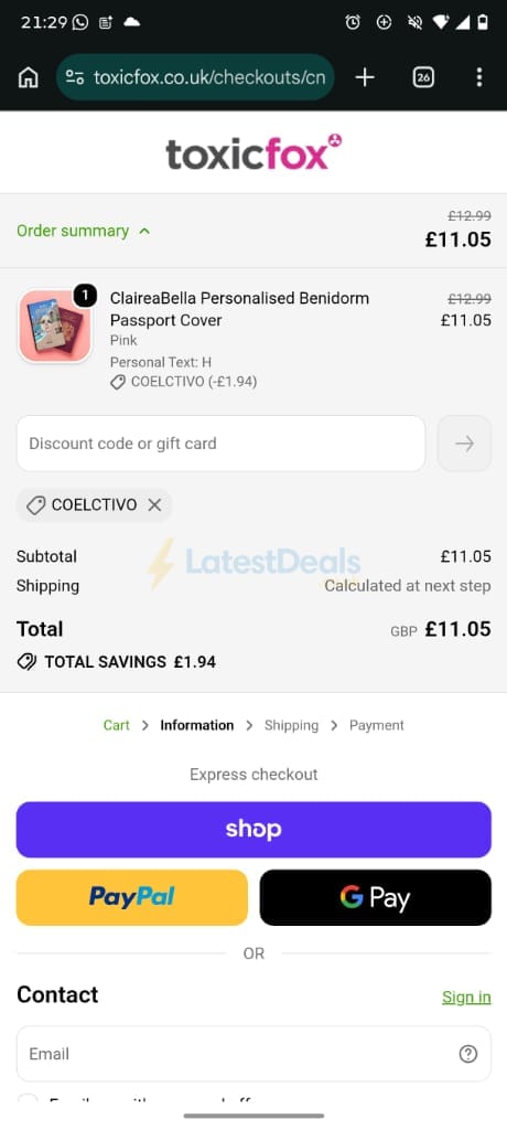 Screenshot of the Toxicfox discount code working
