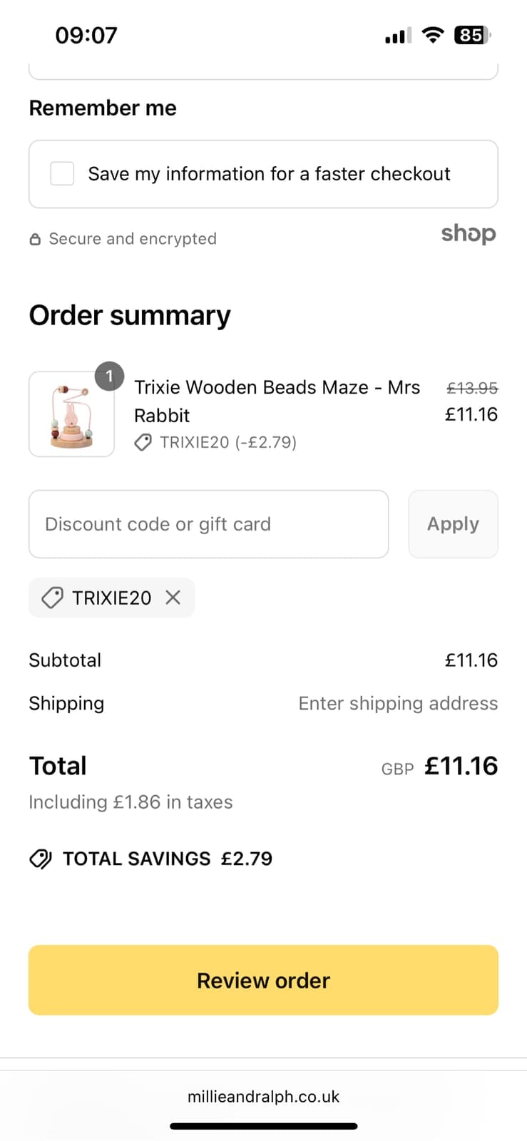 Screenshot of the Millie & Ralph discount code working