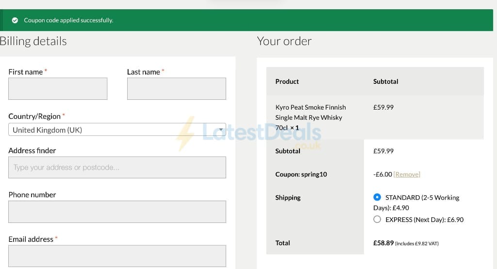 Screenshot of the House of Malt discount code working