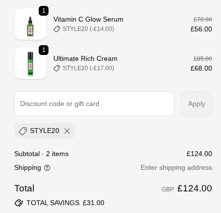 Screenshot of the Votary discount code working