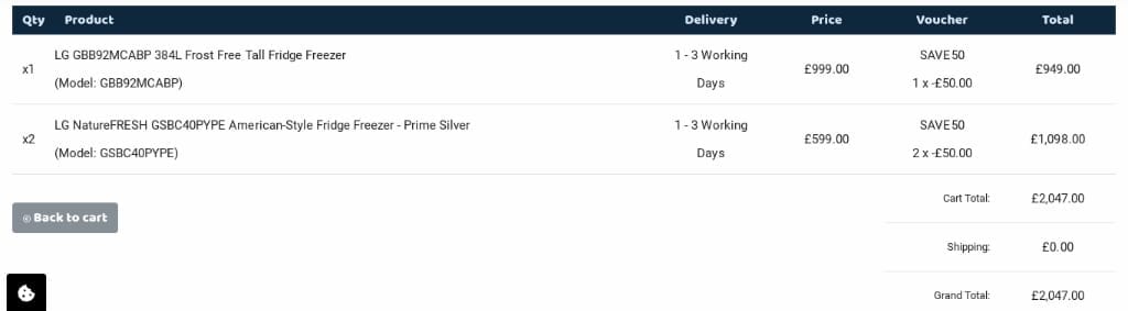 Screenshot of the Appliance Electronics discount code working