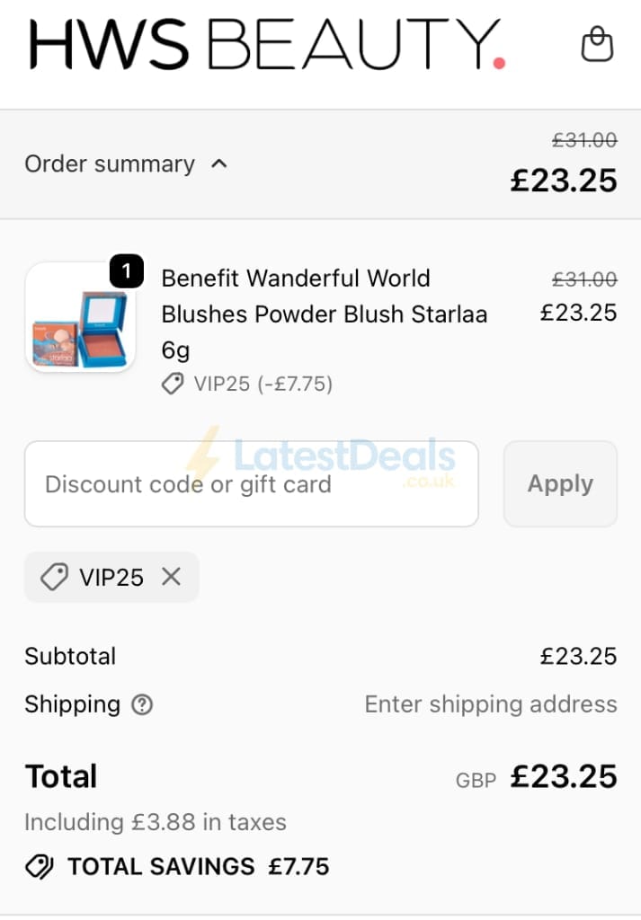 Screenshot of the HWS Beauty discount code working