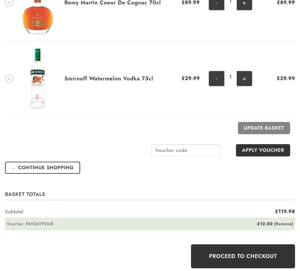 Screenshot of the VIP Bottles discount code working