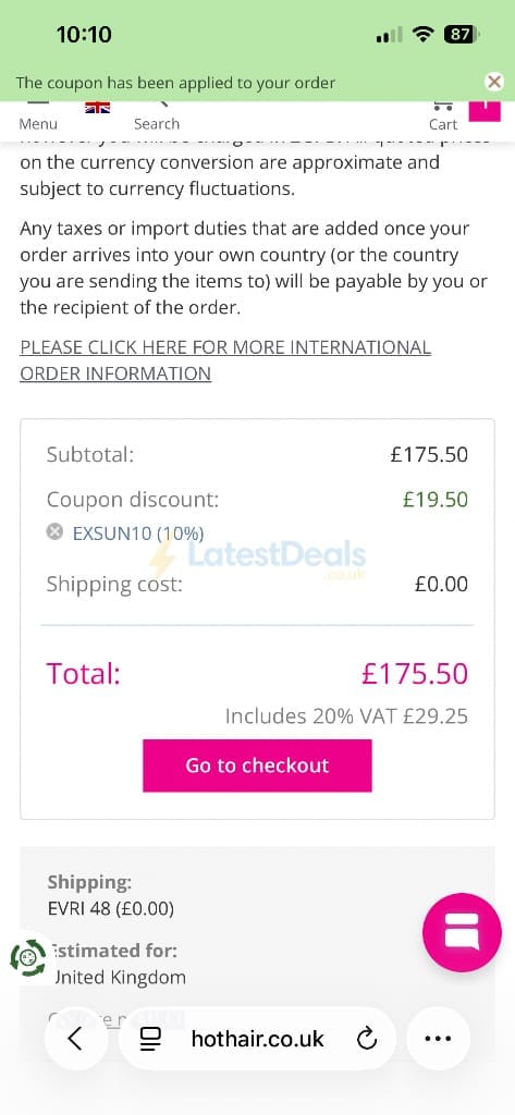 Screenshot of the hothair discount code working