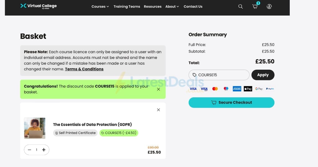 Screenshot of the Virtual College discount code working