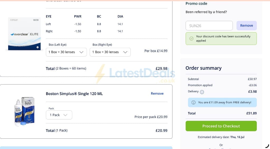 Screenshot of the Vision Direct discount code working