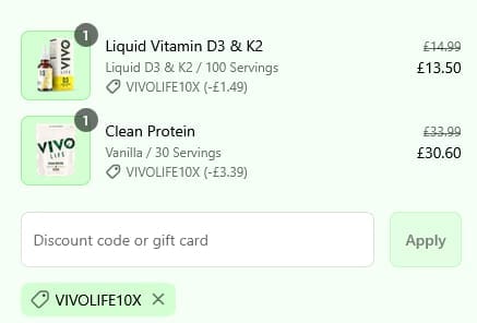 Screenshot of the Vivo Life discount code working