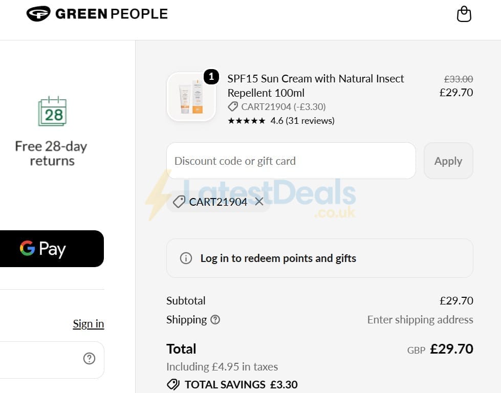 Screenshot of the Green People discount code working