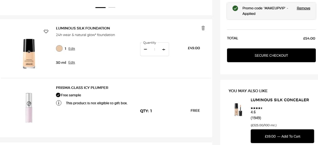 Screenshot of the Armani Beauty discount code working