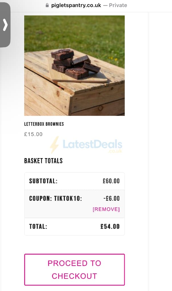 Screenshot of the Piglets Pantry discount code working