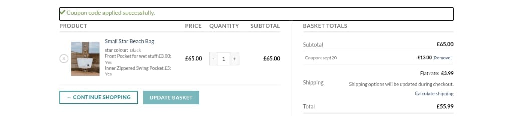 Screenshot of the Sails & Canvas discount code working
