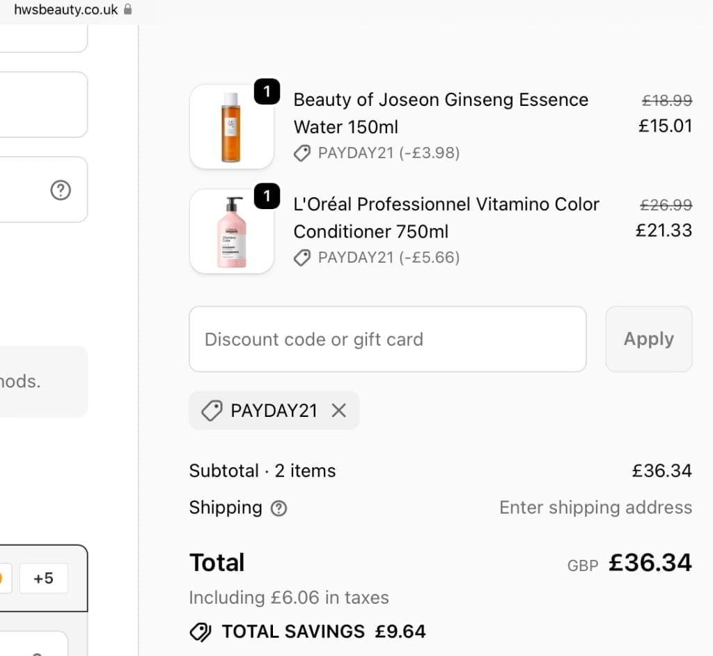 Screenshot of the HWS Beauty discount code working