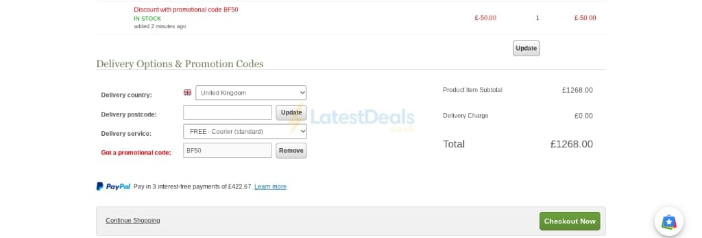 Screenshot of the Uttings discount code working