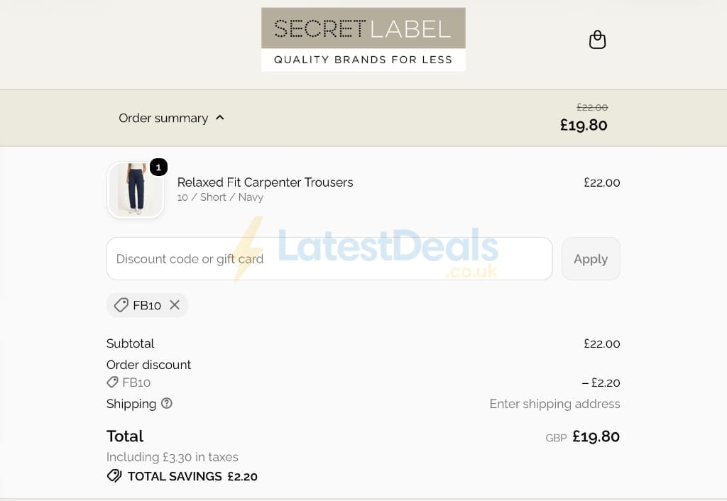 Screenshot of the Secret Label discount code working