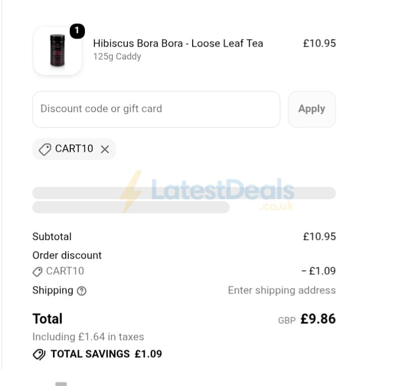 Screenshot of the The Tea Makers discount code working
