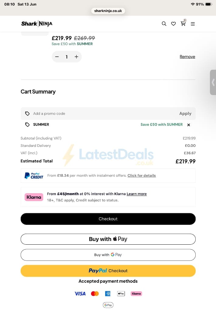 Screenshot of the Ninja Kitchen discount code working