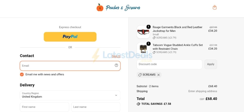 Screenshot of the Peaches and Screams discount code working