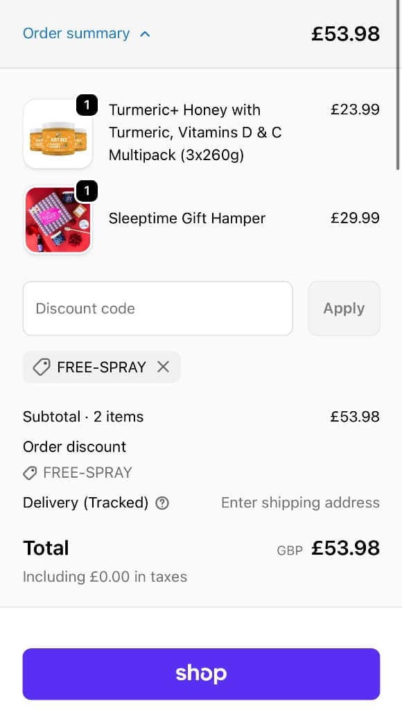 Screenshot of the Just Bee Honey discount code working
