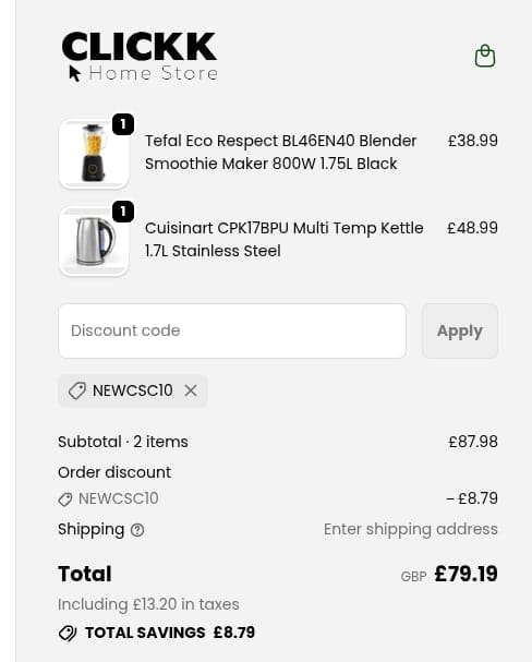 Screenshot of the CLICKK Home Store discount code working