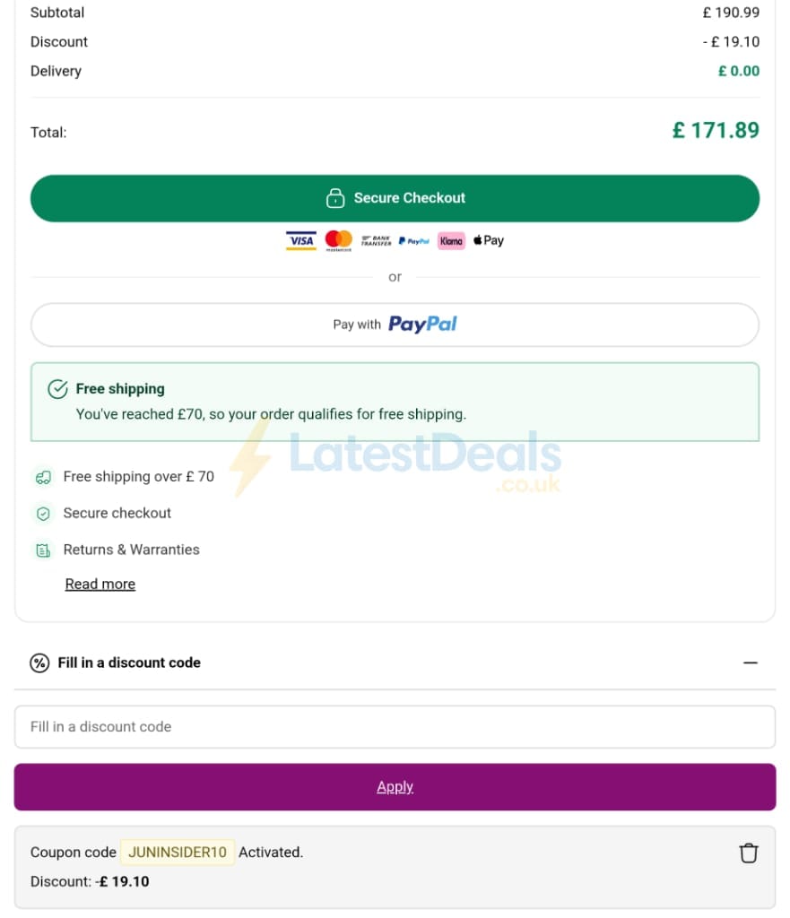 Screenshot of the vidaXL discount code working