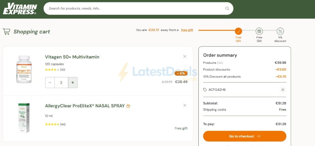 Screenshot of the VitaminExpress discount code working