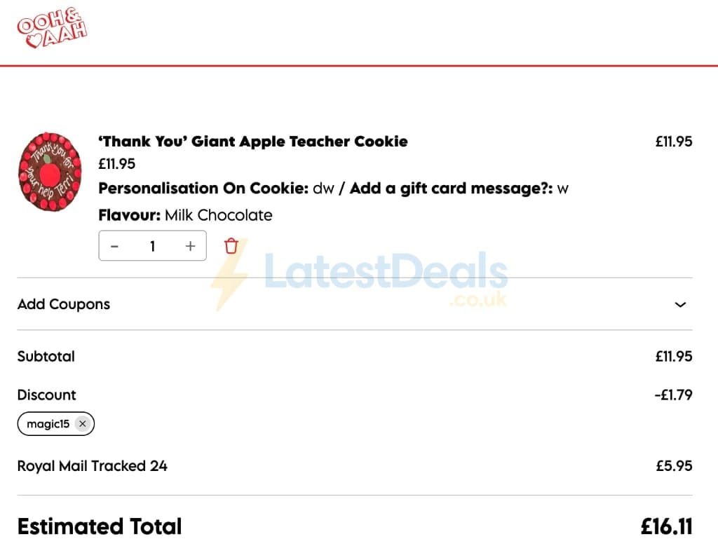 Screenshot of the Ooh & Aah Cookies discount code working